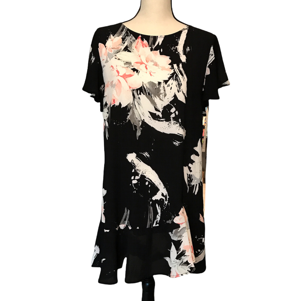 Leith Black, White and Pink Floral Dress with Ruffle Hem, Size Small